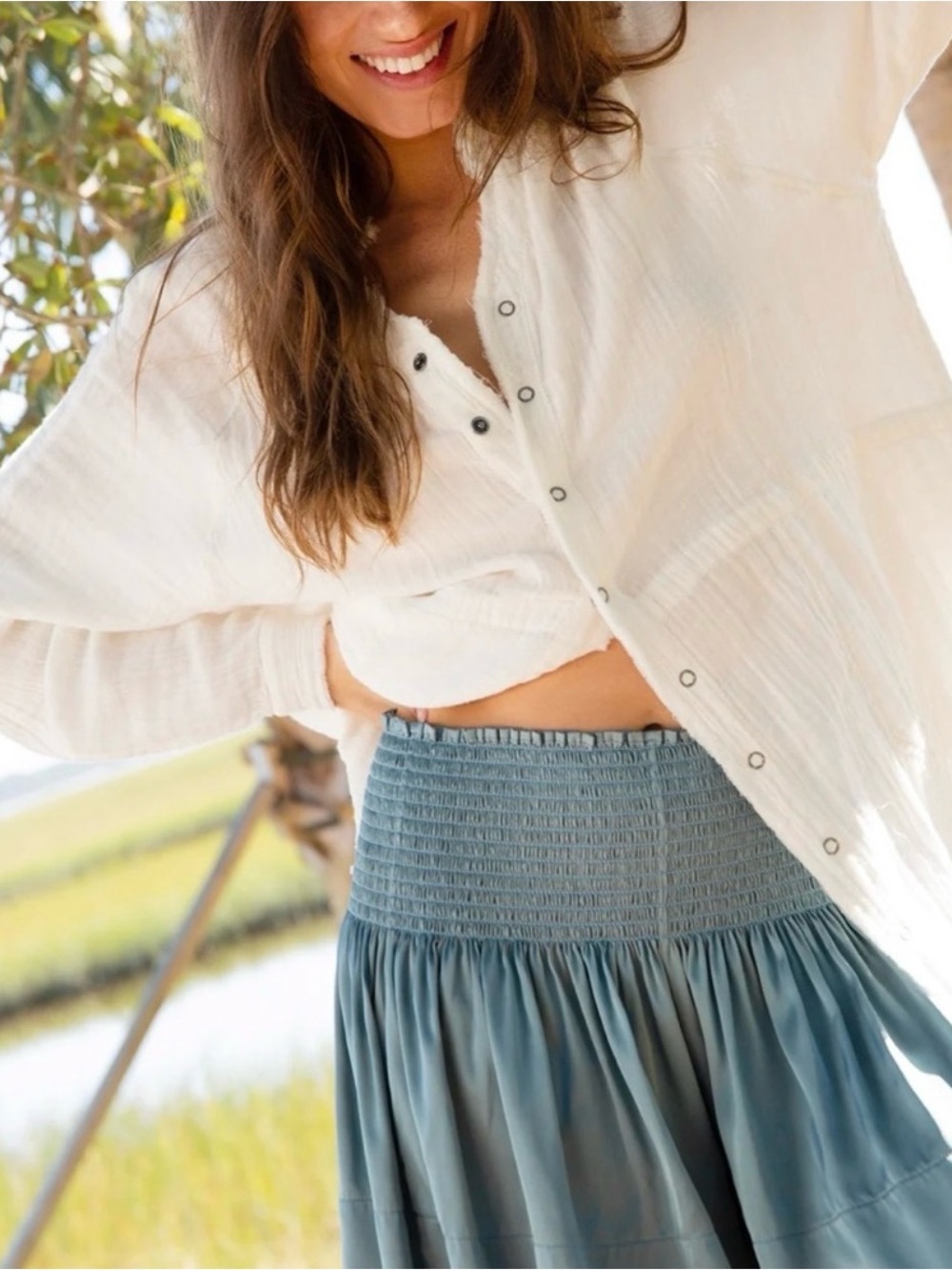 NATURAL LIFE Daisy Skort Shorts High Smocked Waist Blue Size Medium